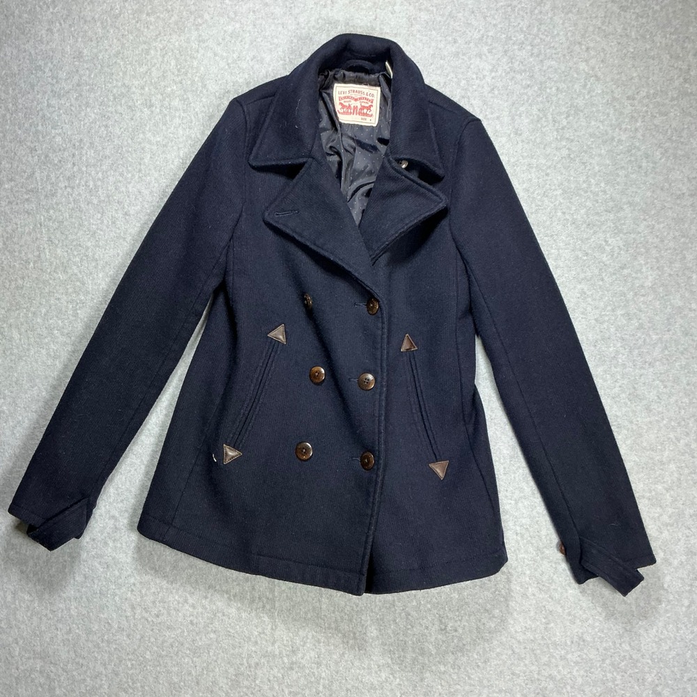 Levi Strauss & Co Womens Navy Blue Wool Blend Double Breasted Pea Coat Size S